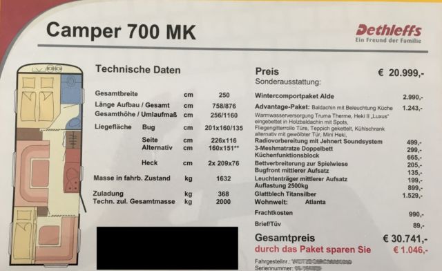 Схема модели Dethleffs CAMPER MK 700
